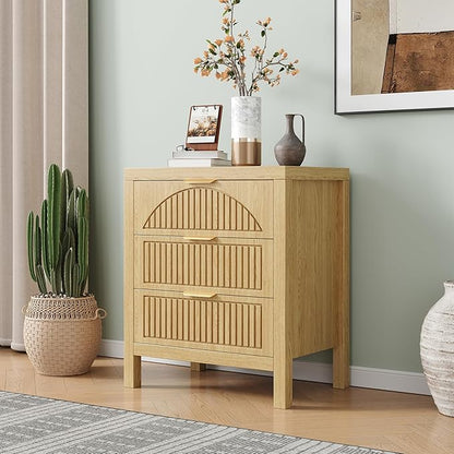 3 Drawer Dresser, Farmhouse Fluted Chest of Drawers, Wooden End Table, Mid- Century Modern Bedroom Nightstand Side Table for Bedrooms, Closets, Hallways, and Entryways, Natural