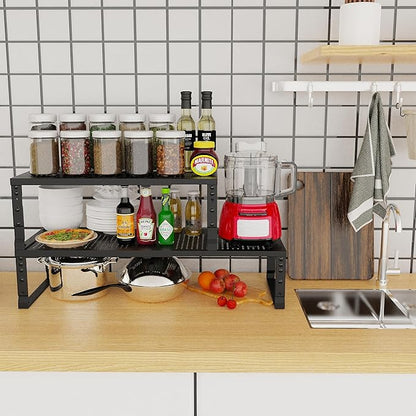 Jojocross Expandable Adjustable Stackable Kitchen Organizer, Spice Rack,Metal Pantry Storage Shelves Racks,Counter Shelf for Cabinets, Countertop, Cupboard (2 Packs/Large/Black)