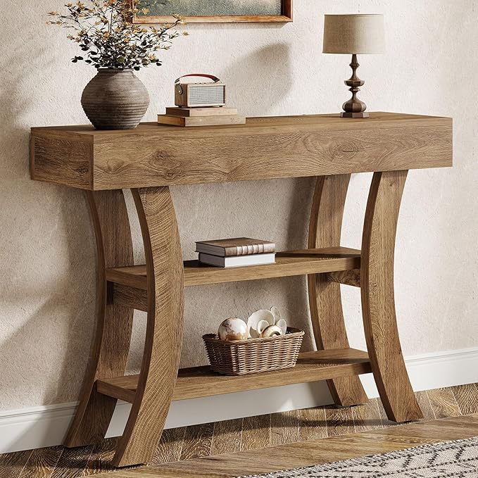 Tribesigns 41" Small Console Table for Entryway, 3-Tier Narrow Rustic Sofa Table with Storage Shelves and Curved Frame for Living Room, Entry, Hallway, Foyer (Oak Brown)