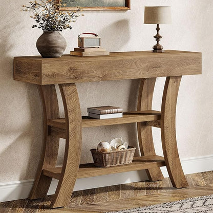 Tribesigns 41" Small Console Table for Entryway, 3-Tier Narrow Rustic Sofa Table with Storage Shelves and Curved Frame for Living Room, Entry, Hallway, Foyer (Oak Brown)