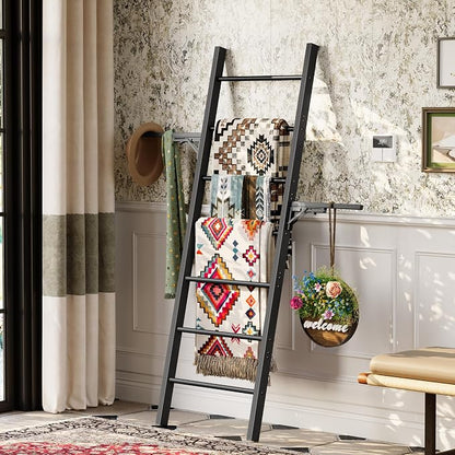 Metal Blanket Ladder, 7-Tier Towel Rack with Ajustable Side Rack, Blanket Rack Stand for Living Room, Bathroom, Quilt Display Ladder Shelf, Farmhouse Black
