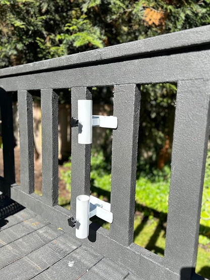 | Patio Umbrella Holder | 2 Piece Design | Outdoor Umbrella Base and Mount | Attaches to Railing Maximizing Patio Space and Shade