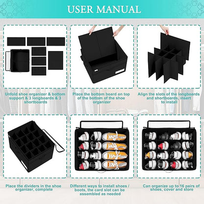 Luvhomee Shoe Storage Organizer, Fits 16 Pairs, Large Shoe Organizer Box for Closet, Clear Foldable Shoes Containers w/Bottom Support, Space Saving Shoe Cubby Storage Boxes w/Reinforced Handles, Black
