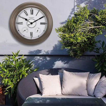 CLXEAST Illuminated Outdoor Clocks Waterproof 24 Inch with Smart Sensor, Large Metal Wall Clocks with Temperature and Humidity for Living Room Decor,Garden Patio,Grey Oak/Faux Barnwood Finish