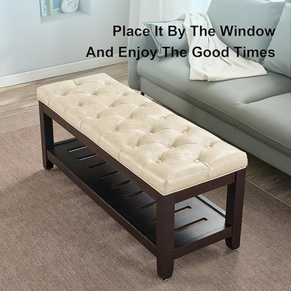 44" Ottoman Bench, Upholstered End of Bed Bench, Oversized Footrest with Wood Shelf torage Storage Bench for Bedroom, Entryway, Living Room, Beige(PU)