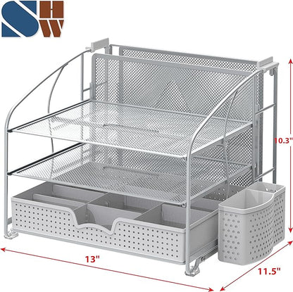 Simple Houseware 3-Tier Desk Organizer with Sliding Drawer, Hanging File Holder and Pen Holder Accessory, Silver