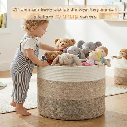Artfeel 100L Large Cotton Rope Basket, Decorative Woven Blanket Storage for Living Room, Boho Toy Storage & Toy Box for Kids, Versatile Laundry Basket & Nursery Hamper for Blankets(BrownYellow)