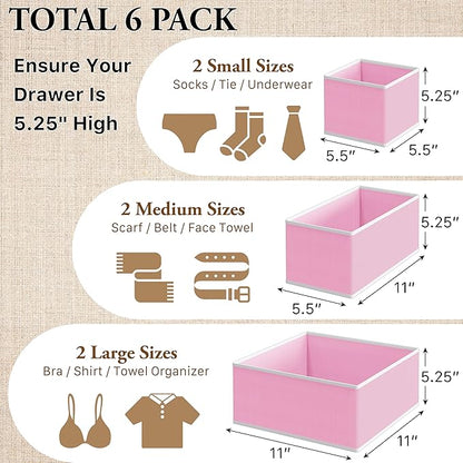 Simple Houseware Underwear Drawer Organizer for Lingerie/Undergarment/Bra/Panty/Sock/Onesie, Set of 6, Pink