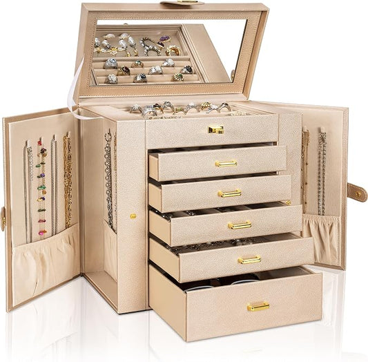 AKOZLIN 6-Tier Jewelry Box Organizer Functional 5 Drawers Leather Jewelry Storage Case for Women Girls Ring Necklace Earring Bracelet Holder Organizer with Mirror Extra Large Champagne
