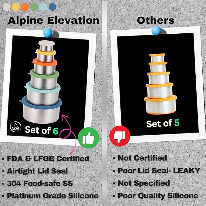Alpine Elevation 12 Pcs - 6 Stainless Steel Containers + 6 Silicone Lids | 304 Stainless Steel Snack Container | Nesting Snack and Dip Containers | Metal Food Storage