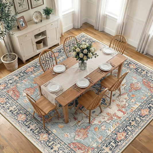 RELEANY Area Rugs Square 10ft Washable Non-Slip, Floral Vintage Distress Medallion Carpet for Living Room Bedroom Dining Room, Beige Navy Blue Orange Colorful
