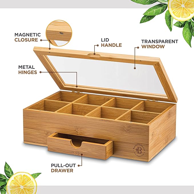 Bamboo Tea Bag Organizer Box - 8 Compartment Tea Storage Box with Acrylic Lid, Magnetic Closure and Drawer, Tea Bag Holder for Kitchen Counter, Tea Organizer, Tea Box, Gift for Mom Wife Tea Lovers