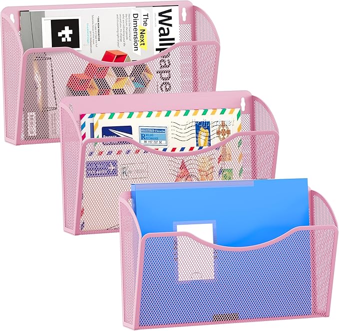 EasyPAG Wall File Organizer 3 Pack, Hanging File Organizer Wall Mount, Metal Mesh Folder Holder for Letter/A4 Papers, Mail Sorter for Office, Classroom, Home, Pink