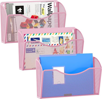 EasyPAG Wall File Organizer 3 Pack, Hanging File Organizer Wall Mount, Metal Mesh Folder Holder for Letter/A4 Papers, Mail Sorter for Office, Classroom, Home, Pink