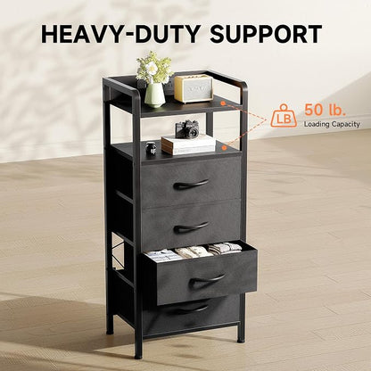 Lazzanto Night Stand Bedside Table Bedroom - Tall Nightstand with Charging Station & LED Light Strip, Bed Side Table with Storage Shelf & 4 Fabric Drawers, 2 U-S-B Ports & 2 AC Outlets
