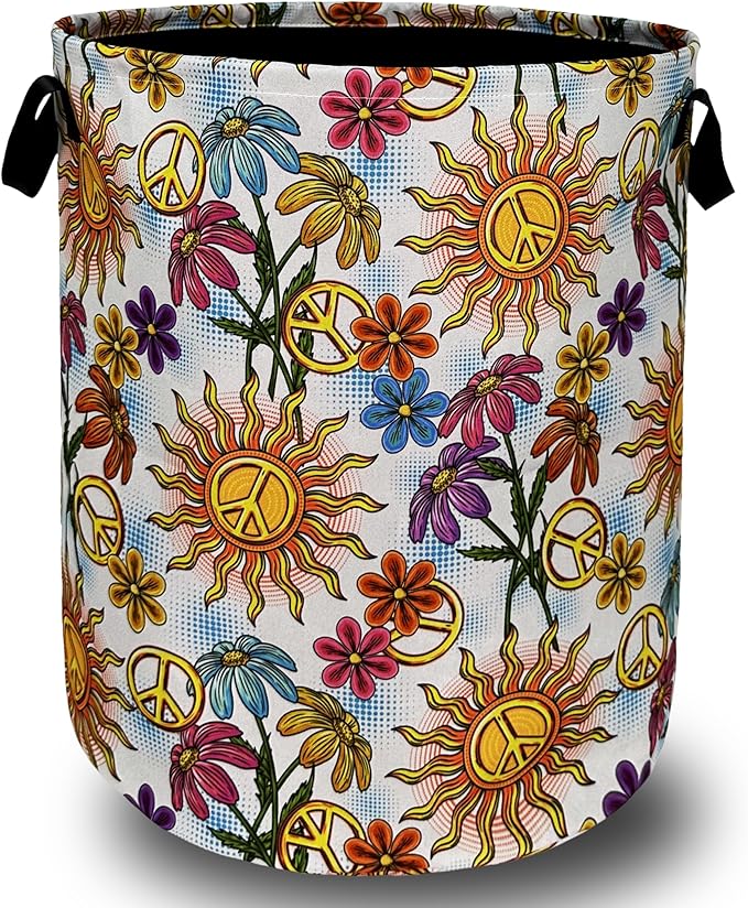 Colorful Hippie Peace Flowers Laundry Basket Foldable With Handles Tote Bag Oxford Cloth Funny Laundry Hamper Clothes Storage Bucket Toy Organizer For Bathroom/Laundry/Bedroom 18.9"x16.5 "