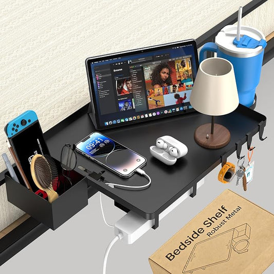 Bedside Shelf, Metal Bed Shelf For Dorm Room Bunk Bed & Top Bunk, College Dorm Room Essentials, Clip On Floating Tray Space Saving Nightstand For Loft Beds With Removable Cup & Holder (Black)