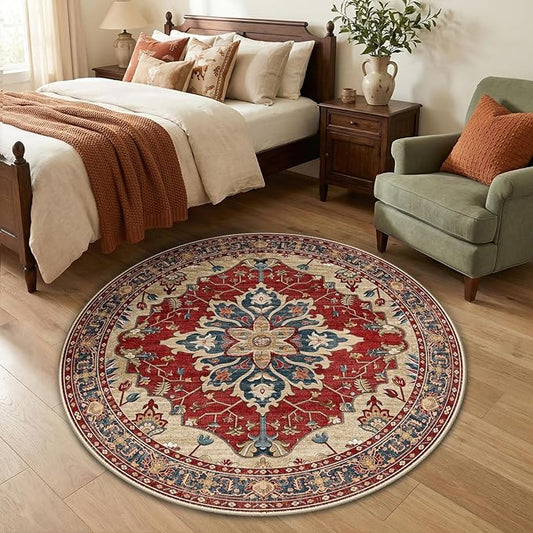 RELEANY Area Rugs Round 4ft Washable Non-Slip, Floral Vintage Distress Medallion Carpet for Living Room Bedroom Dining Room, Red Blue
