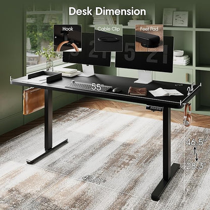 Monomi Electric Height Adjustable Standing Desk, 55x24 Inches, Ergonomic Home Office Sit/Stand Up Desk with Two-Piece Desktop (Black Steel Frame/Black Top)