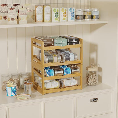 BAMBANG Can Organizer for Pantry, 4 Tier Stackable Bamboo Canned Food Storage Rack, Rolling Soda Can Dispenser Holds Up to 48 Cans, Detachable Can Organizer for Cabinet, Natural