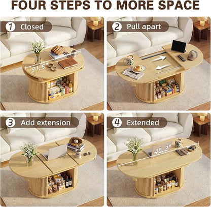YESHOMY 45.2" Extendable Coffee Table with Storage, Fluted Oval Coffee Table with Sliding Door, Mid Century Modern Center Table for Living Room, Oak