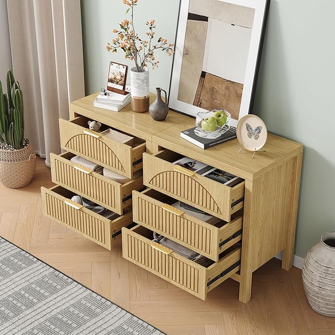 6 Drawer Dresser, Farmhouse Fluted Chest of Drawers, Wooden End Table, Mid- Century Modern Bedroom Nightstand Side Table for Bedrooms, Closets, Hallways, and Entryways, Natural X2