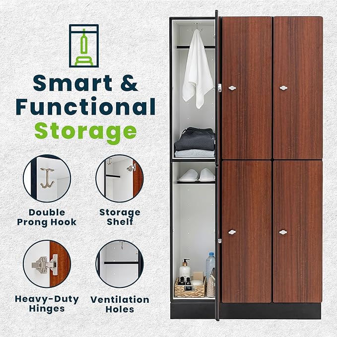 Alpine 6 Door Wooden Locker Cabinet - 72" Expandable Commercial Storage Lockers for Gym, Spa, Office & Golf Club - Includes Metal Base & Lock-Ready Handles, Triple Column 2 Tier - Walnut