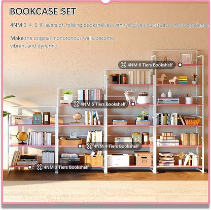 4NM No Assembly 5 Tiers Folding Bookshelf Storage Shelves Vintage Bookcase Standing Racks Study Organizer Home Office (Pink White)