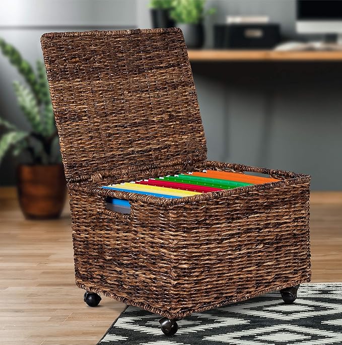 BIRDROCK HOME Rolling File Cabinet with Lid | Small Wooden Under Desk Organizer | Seagrass Basket with Wheels | Portable Home Office Filing System - Mini Decorative Box, Single Drawer, Brown Wash