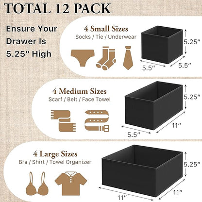 Simple Houseware Foldable Drawer Organizer for Clothes/Underwear/Panty/Onesie Stocking Bin, Set of 12, Black