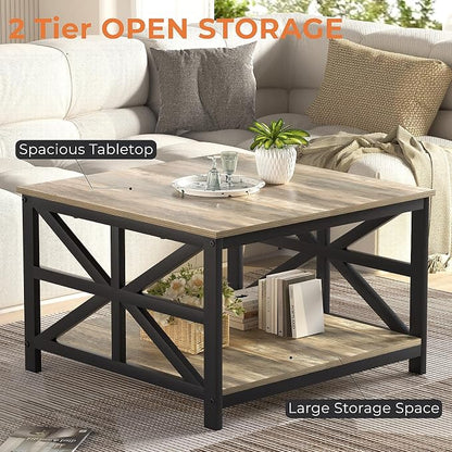 GreenForest Modern Living Room Coffee Table with 2 Tier Storage, Small Square Wood and Metal Farmhouse Center Table with Seamless One-Piece Tabletop, 27.55 Inch, Grey Wash