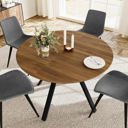 Extendable Round Dining Table Set for 4-6 People, 43.3"-59.1" Extendable Kitchen Table with 4 Upholstered Chairs, Space Saving for Kitchen Dining Room (Walnut Table+4 Grey Chairs)