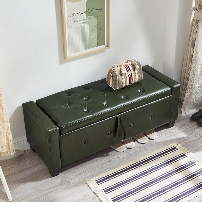Furniliving Storage Bench, 48‘’ Upholstered PU Leather Ottoman Bench with Button-Tufted, Folding Bedroom Bench with Wood Legs, Entryway Bench for Bedroom, Grass Green