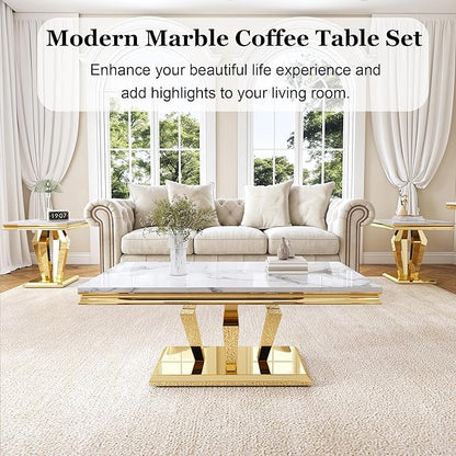 Living Room Coffee Table Set of 3, Modern Marble Coffee Table and 2 End Side Tables, 3-Piece Living Room Table Set with Stainless Steel Base for Living Room (Gold,White)