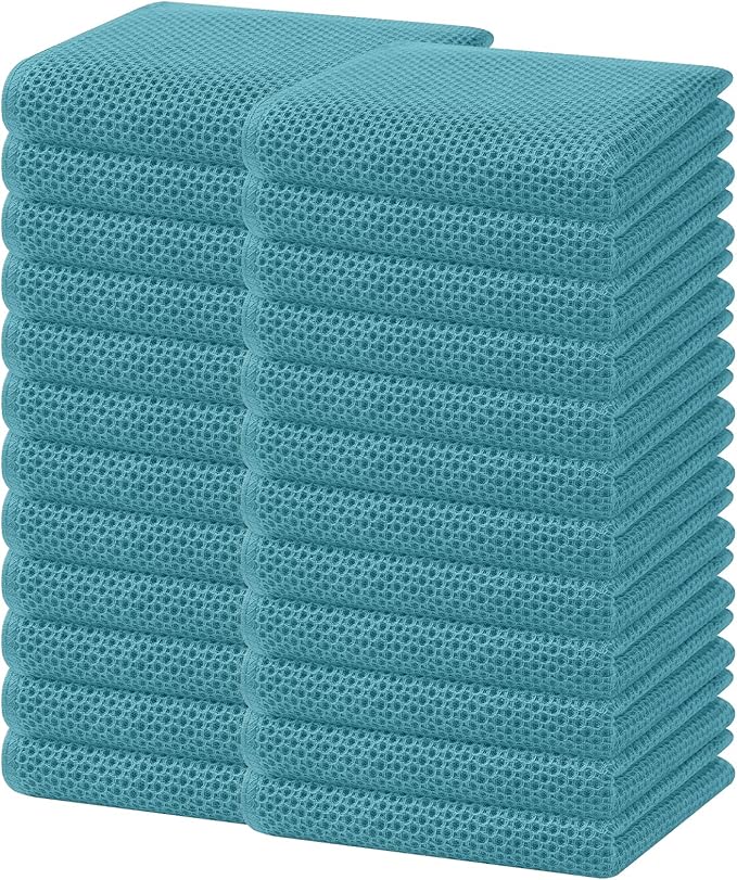 Homaxy 100% Cotton Waffle Weave Kitchen Dish Towels, Ultra Soft Absorbent Quick Drying Cleaning Towel, 13 x 28 Inches, 24-Pack, Lake Blue