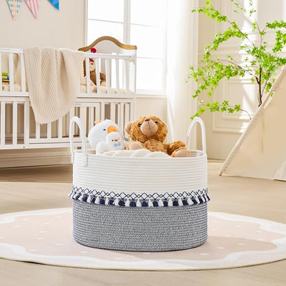 KAKAMAY Cotton Rope Storage Basket (20"x13"),Woven Hamper for Blankets,Toys,Pillows,Clothes,Laundry,Sturdy Handles Decorative Basket for Living Room, Bedroom,Nursery(Blue Printing)