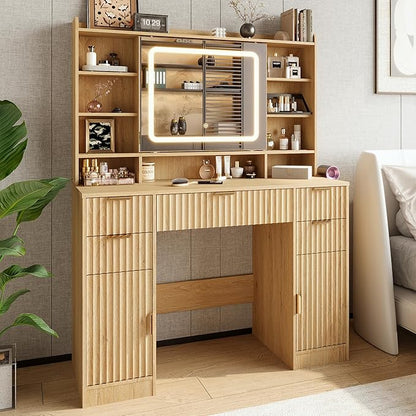 43.3" Fluted Vanity Desk with Mirror and Lights, Wood Makeup Vanity Desk with Charging Station & Mobile Mirror, Modern Dressing Table with Adjustable Shelves & Jewelry Hooks for Girls, Women, Oak