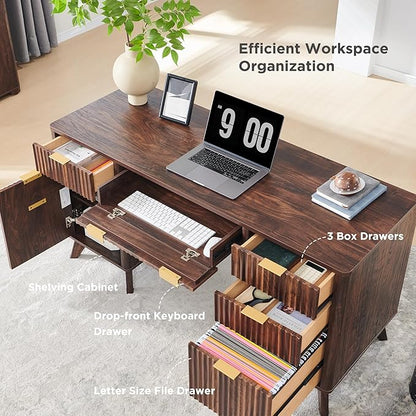 T4TREAM Fluted Executive Desk with Drawers, 60" Modern Home Office Computer Desk with Charging Station, File Cabinet, Keyboard Tray and Storage Cabinet for Study, Living Room, Bedroom, Dark Walnut