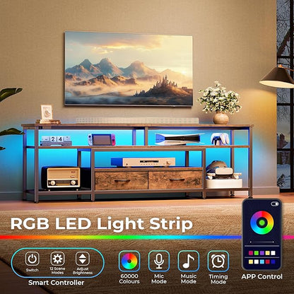 Huuger 63 Inch LED TV Stand for 65 70 Inch TV, Entertainment Center with Open Shelves and Power Outlets, TV Console for Living Room, Media Console with Drawers, Rustic Brown, 8779FC