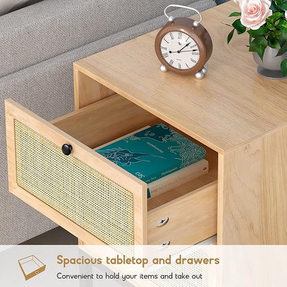 XIAO WEI Natural Rattan Nightstand Set of 2, Boho Night Stand with Drawers, Bedside Table Accent Cane End Table Side Table for Bedroom Living Room, Metal Legs/Small/Natural
