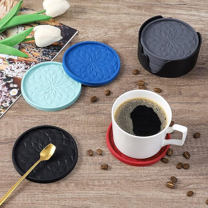 ME.FAN Silicone Coasters with Holder,[6 Pack] Drinking Coasters - Cup Mat for Hot or Cold Drinks, Thickened, Non-Slip, Non-stick,Deep Tray Dark Grey