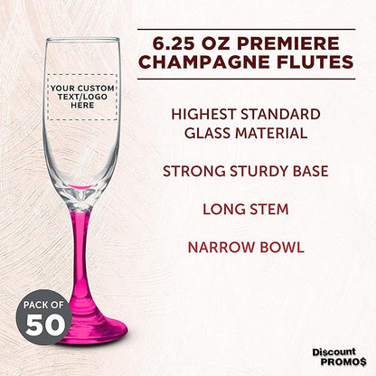 DISCOUNT PROMOS Custom Premiere Champagne Flutes 6.25 oz. Set of 50, Personalized Bulk Pack - Elegant Drinkware for Weddings, Events, & Promotional Gifts - Pink