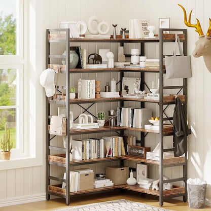 HCHQHS Adjustable Book Shelf with 8 Hooks, Reversible Corner Bookshelf, Industrial Wooden and Metal Bookcase for Living Room, Bedroom, Home Office (Rustic Brown, 6 Tier)