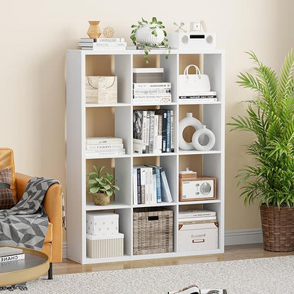 Cube Storage Organizer Bookcase, Decorative 11 inch Open Back Cubical Shelf with Thickened Border, Display Bookshelf for Living Room, Home Office, Sturdy Room (White, 12 Cube)