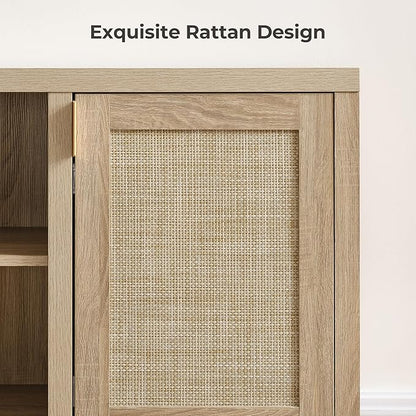 SICOTAS Rattan TV Stand for Living Room - 26" Tall TV Console Cabinet with Storage and Adjustable Shelf, Boho Entertainment Center, 59" Media Console for 50, 55, 65 Inch TV, Light Oak