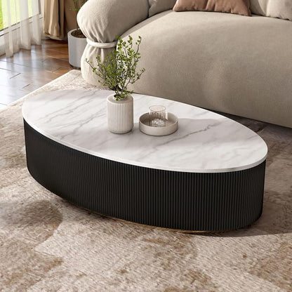 Furniture of America Beryl Modern Oval White Genuine Marble Top Coffee Table with Fluted Pedestal Base and Gold Stainless Steel Accent, Low Profile Table for Living Room, Home Office, Black