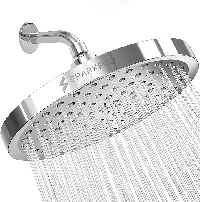 SparkPod Rain Shower Head, 8 Inch Round | High Pressure Shower Heads, 90 Nozzle (Touch-to-Clean), Adjustable Showerhead, No-tool Universal Connection