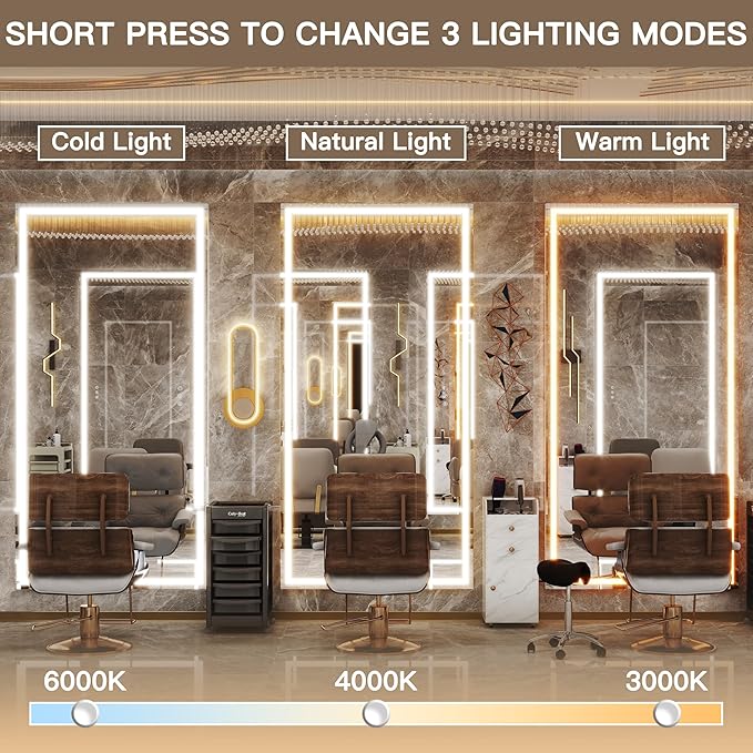 FENNIO Full Length Mirror with Lights, 70" x 32" LED Full Body Mirror, Free Standing Lighted Floor Mirror, Wall Mounted Hanging Mirror with Lights for Bedroom, Salon, Tempered Glass（White）