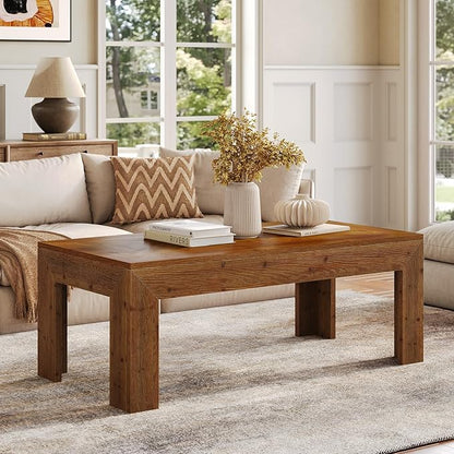 Rectangular Coffee Table, 47-Inch Solid Wood Living Room Coffee Table, Mid Century Modern Center Cocktail Table for Living Room, Apartment, Office, Antique Brown