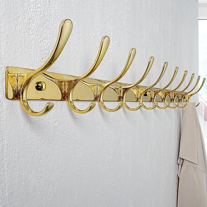 SKOLOO Coat Rack Wall Mounted - 10 Hooks, Pack of 2, Heavy Duty, Stainless Steel, Metal Wall Hangers, Sturdy Coat Hooks for Hanging Coats, Jacket, Clothes, Hat, Bright Gold